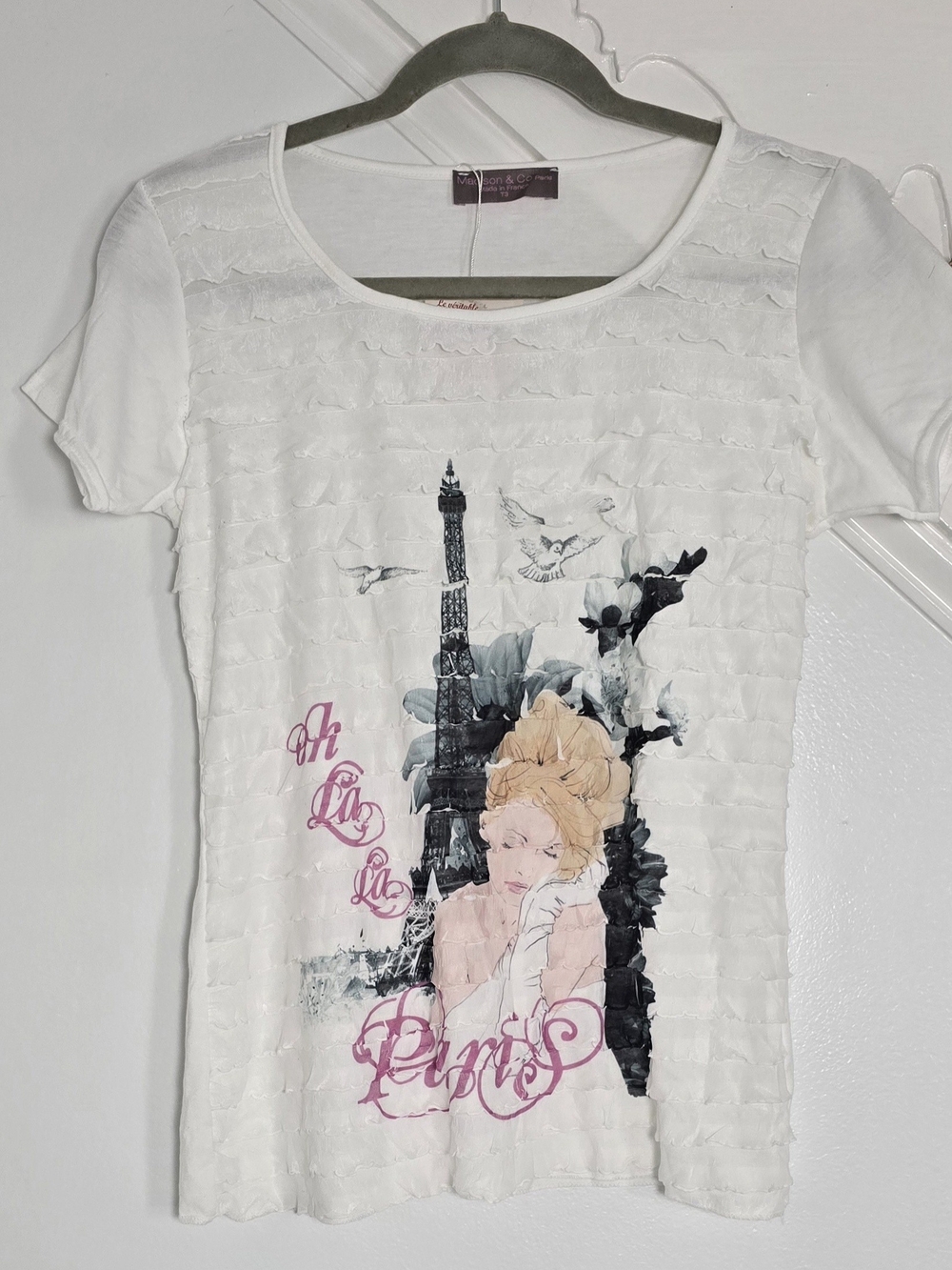 White Paris Graphic Ruffle-Texture Tee